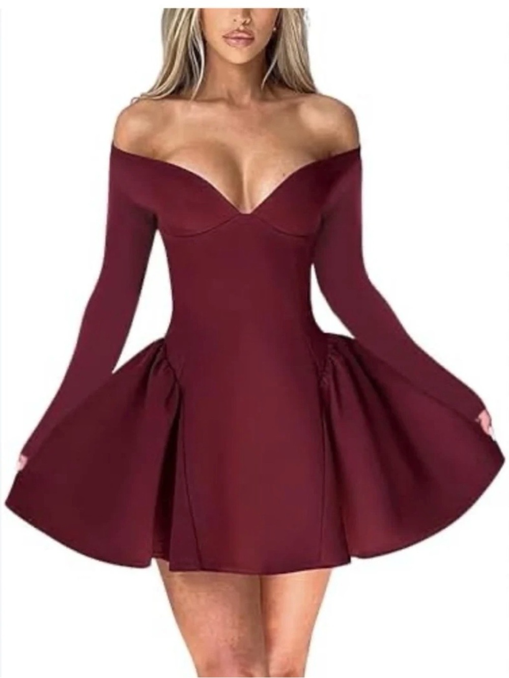 Off-Shoulder Burgundy Fit & Flare Dress - Picture 1 of 5